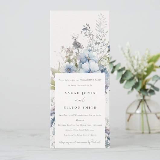 Invitation Chalet bleu Dusky Fiançailles floral (Debout devant)