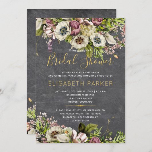 Invitation Chalet gris floral rustique chute douche nuptiale (Devant / Derrière)