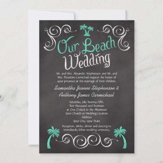 Invitation Chalet Turquoise Palm Tree Beach Mariage (Devant)