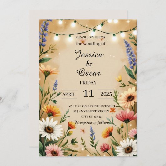 Invitation Chaleureux Mariage Fleur sauvage de style campagna (Devant / Derrière)