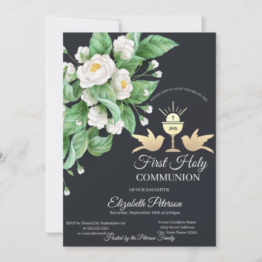 Invitation Chalice aux fleurs blanches Première communion sai (Devant)