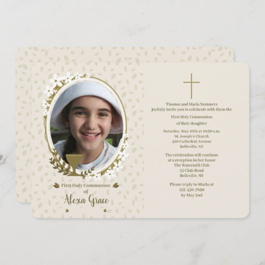 Invitation Chalice aux fleurs Photo Première communion (Devant / Derrière)