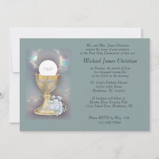 Invitation Chalice d'or complexe avec acce de bouquet bleu hô (Devant)