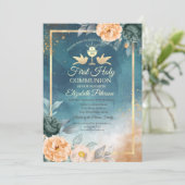 Invitation Chalice d'or Roses verts première communion sainte (Debout devant)