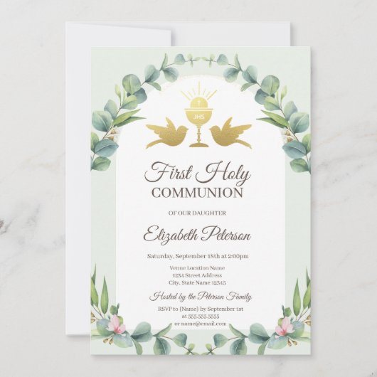 Invitation Chalice feuille Première communion sainte (Devant)