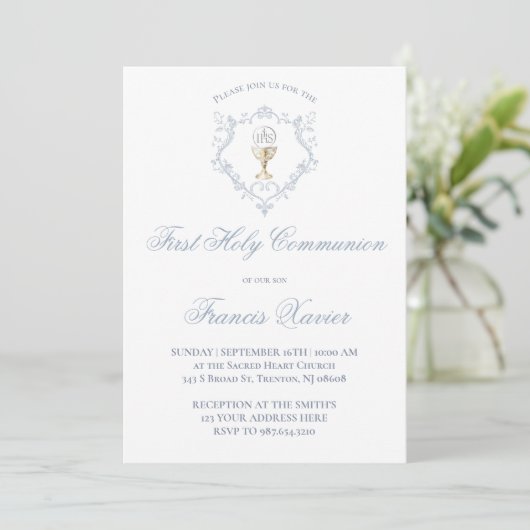 Invitation Chalice Host blue crest | First Communion (Debout devant)
