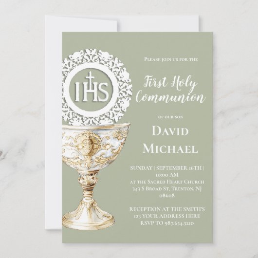 Invitation Chalice Host First Communion sage green background (Devant)
