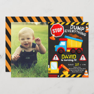 Invitation Chalk Construction Boy Truck avec photo