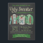 Invitation Chalk d'invitation de fête de Noël moche<br><div class="desc">Une invitation à la fête de Noël en pull moche avec trois chandails moches sur un arrière - plan de tableau noir. Vous pouvez facilement customiser ces invitations amusantes de fête de Noël en pull moche pour votre événement en ajoutant simplement vos détails.</div>