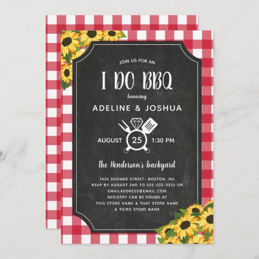 Invitation Chalk En vichy tournesol I Do BBQ Couple's Shower (Devant / Derrière)