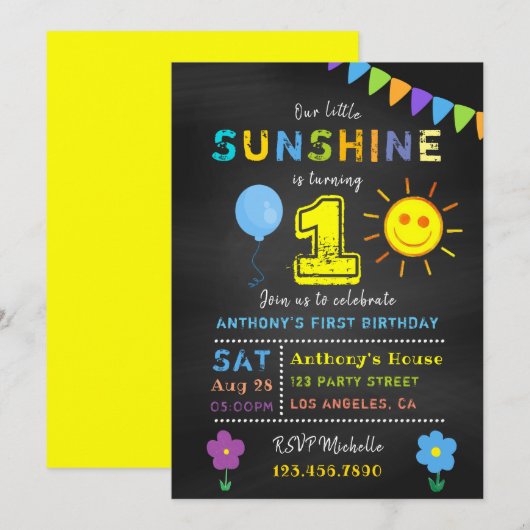 Invitation Chalkboard 1er anniversaire Little Sunshine Boy Pa (Devant / Derrière)