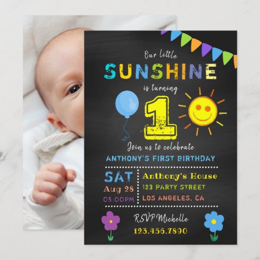Invitation Chalkboard 1er anniversaire Little Sunshine Boy Pa (Devant / Derrière)
