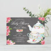 Invitation Chalkboard Aquarelle Floral Tea Baby shower (Debout devant)