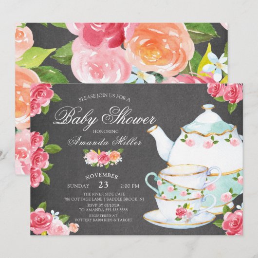 Invitation Chalkboard Aquarelle Floral Tea Baby shower (Devant / Derrière)