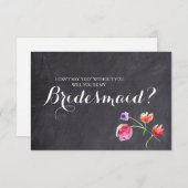 Invitation Chalkboard Aquarelle Florale demande de servante (Devant / Derrière)