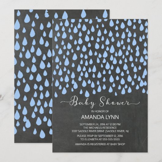 Invitation Chalkboard Aquarelle Raindrops Baby shower garçons (Devant / Derrière)