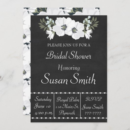 Invitation Chalkboard Avec Fleurs Blanches Anémonique Montre  (Devant / Derrière)