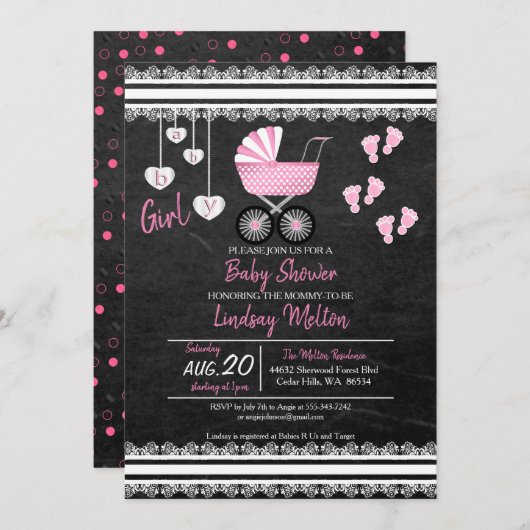 Invitation Chalkboard Baby Girl Douche Design (Devant / Derrière)