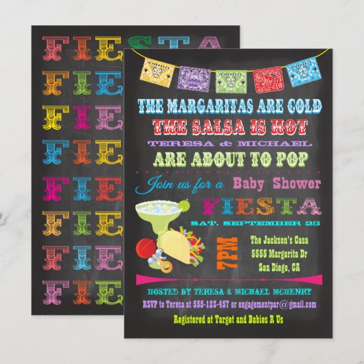 Invitation Chalkboard Baby shower mexicain d'adoption Fiesta (Devant / Derrière)