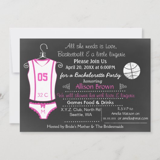 Invitation Chalkboard Basketball Lingerie Douche Bachelorette (Devant)