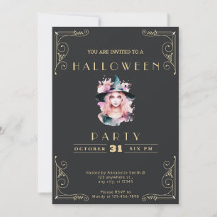 Invitation Chalkboard Black and Gold Cute Witch Halloween