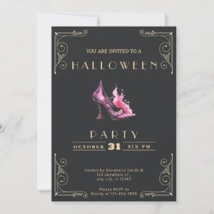 Invitation Chalkboard Black and Gold Witch Stiletto Halloween