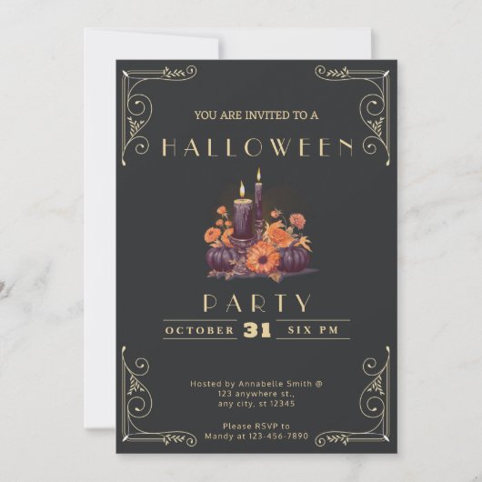 Invitation Chalkboard Black & Gold bougies Citrouille Hallowe (Devant)