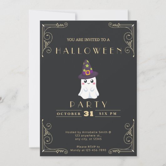 Invitation Chalkboard Black & Gold Cute Ghost Stars Halloween (Devant)