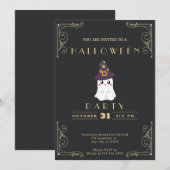 Invitation Chalkboard Black & Gold Cute Ghost Stars Halloween (Devant / Derrière)