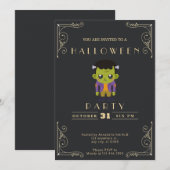 Invitation Chalkboard Black & Gold Cute Monster Halloween (Devant / Derrière)