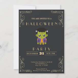Invitation Chalkboard Black & Gold Cute Monster Halloween
