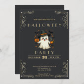 Invitation Chalkboard Black & Gold Ghost Stars Bats Halloween (Devant / Derrière)