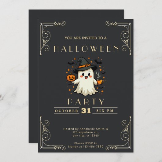 Invitation Chalkboard Black & Gold Ghost Stars Bats Halloween (Devant / Derrière)