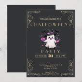Invitation Chalkboard Black & Gold Ghost Stars Bats Halloween (Devant / Derrière)