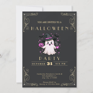 Invitation Chalkboard Black & Gold Ghost Stars Bats Halloween