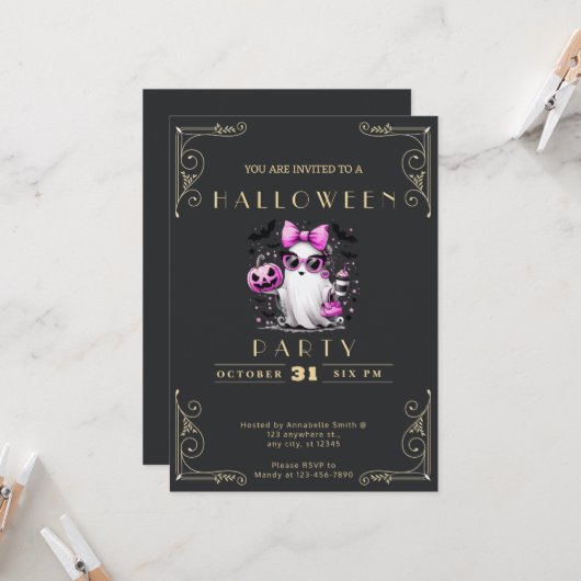 Invitation Chalkboard Black & Gold Ghost Stars Bats Halloween (Devant/Arrière en situation)
