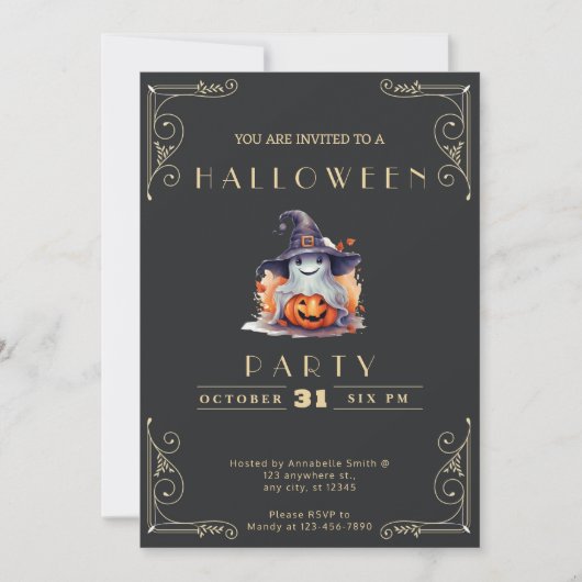 Invitation Chalkboard Black & Gold Ghost Witch Casquette Hall (Devant)