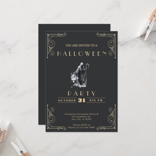 Invitation Chalkboard Black & Gold Griaper Halloween (Devant/Arrière en situation)