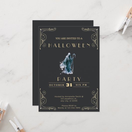 Invitation Chalkboard Black & Gold Griaper Halloween (Devant/Arrière en situation)