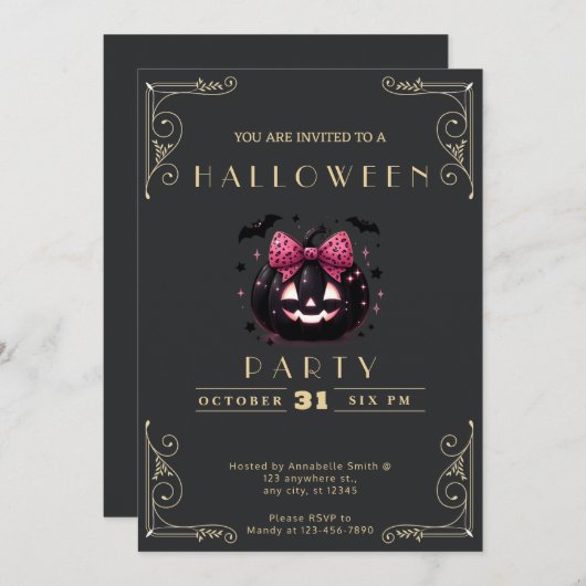 Invitation Chalkboard Black & Gold Jack-O' Lantern Halloween (Devant / Derrière)