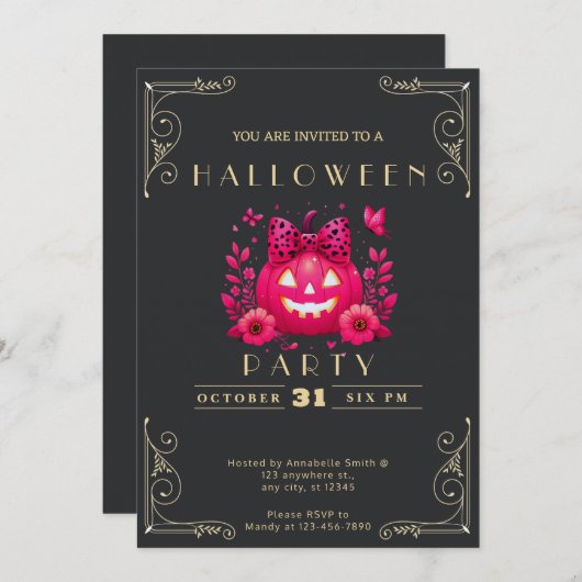 Invitation Chalkboard Black & Gold Jack-O' Lantern Halloween (Devant / Derrière)