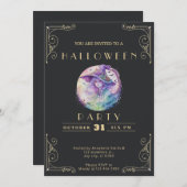 Invitation Chalkboard Black & Gold Pastel Witch Halloween (Devant / Derrière)