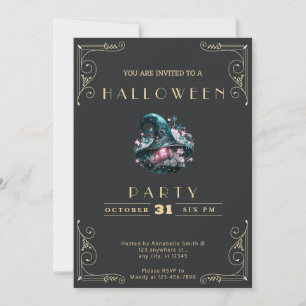 Invitation Chalkboard Black & Gold sorcières Casquette Hallow