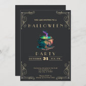 Invitation Chalkboard Black & Gold sorcières Cauldron Hallowe (Devant / Derrière)