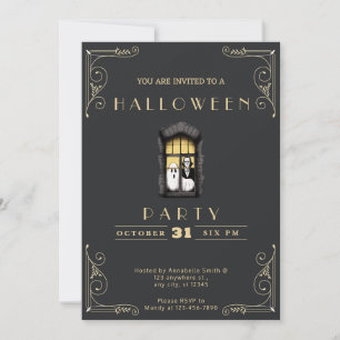 Invitation Chalkboard Black & Gold Vampire & Ghost Halloween