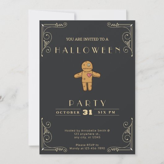 Invitation Chalkboard Black & Gold Voodoo Doll Halloween (Devant)
