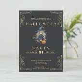 Invitation Chalkboard Black & Gold Witch Citrouille Halloween (Debout devant)