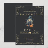 Invitation Chalkboard Black & Gold Witch Citrouille Halloween (Devant / Derrière)