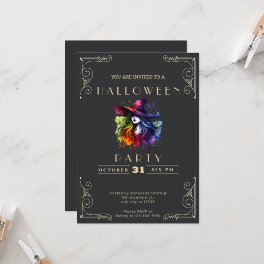 Invitation Chalkboard Black & Gold Witch Rainbow Halloween (Devant/Arrière en situation)