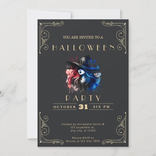 Invitation Chalkboard Black & Gold Witch Rainbow Halloween In (Devant)